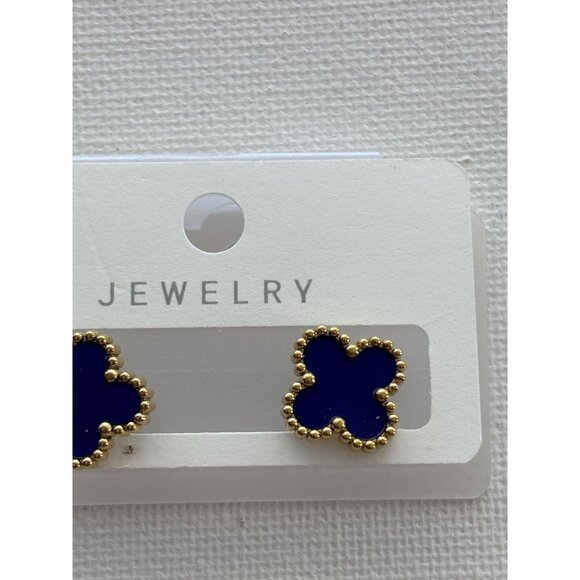 Gold-Tone Blue  Stud Earrings With Beaded Edges - Picture 2 of 8